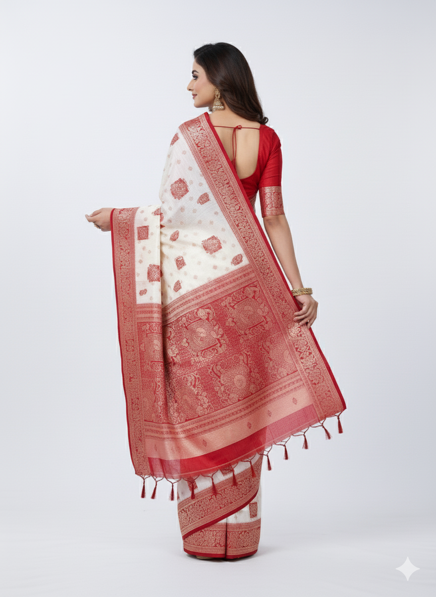 SATISABITRI FASHION Women’s Premium Soft Silk Saree | White & Pooja Red Silk Saree with Rich Designer Pallu & Blouse Piece | Festival & Wedding Wear - Image 3