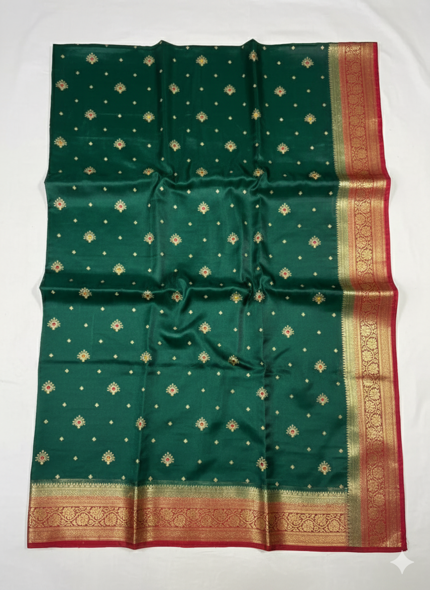SATISABITRI FASHION Dark Green Banarasi Satin Katan Silk Saree with Intricate Embroidery | Festival & Wedding Wear - Image 6