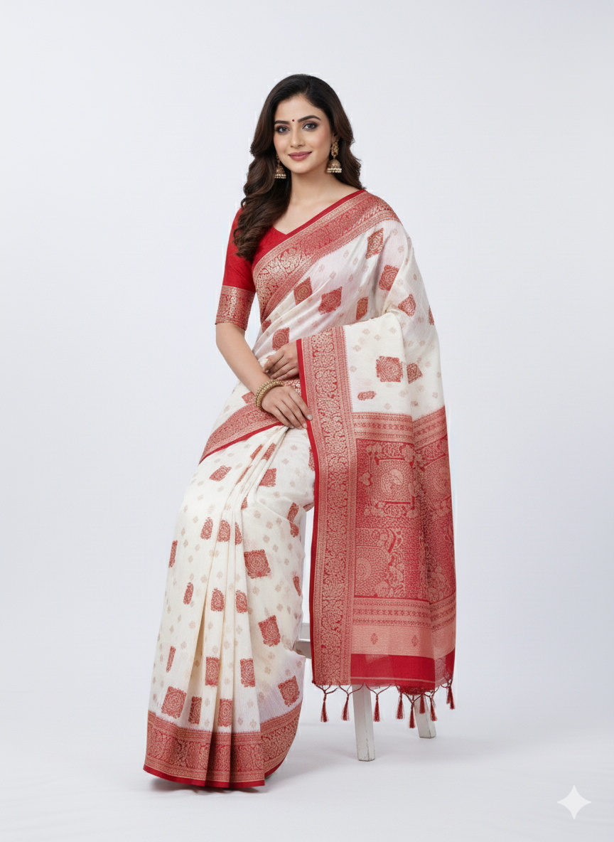 SATISABITRI FASHION Women’s Premium Soft Silk Saree | White & Pooja Red Silk Saree with Rich Designer Pallu & Blouse Piece | Festival & Wedding Wear - Image 4