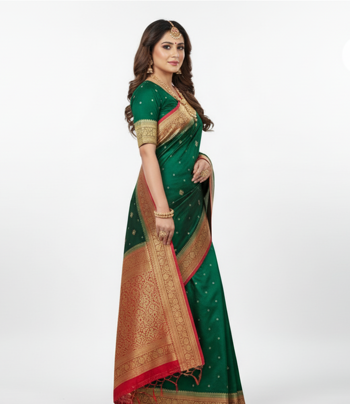 SATISABITRI FASHION Dark Green Banarasi Satin Katan Silk Saree with Intricate Embroidery | Festival & Wedding Wear - Image 4