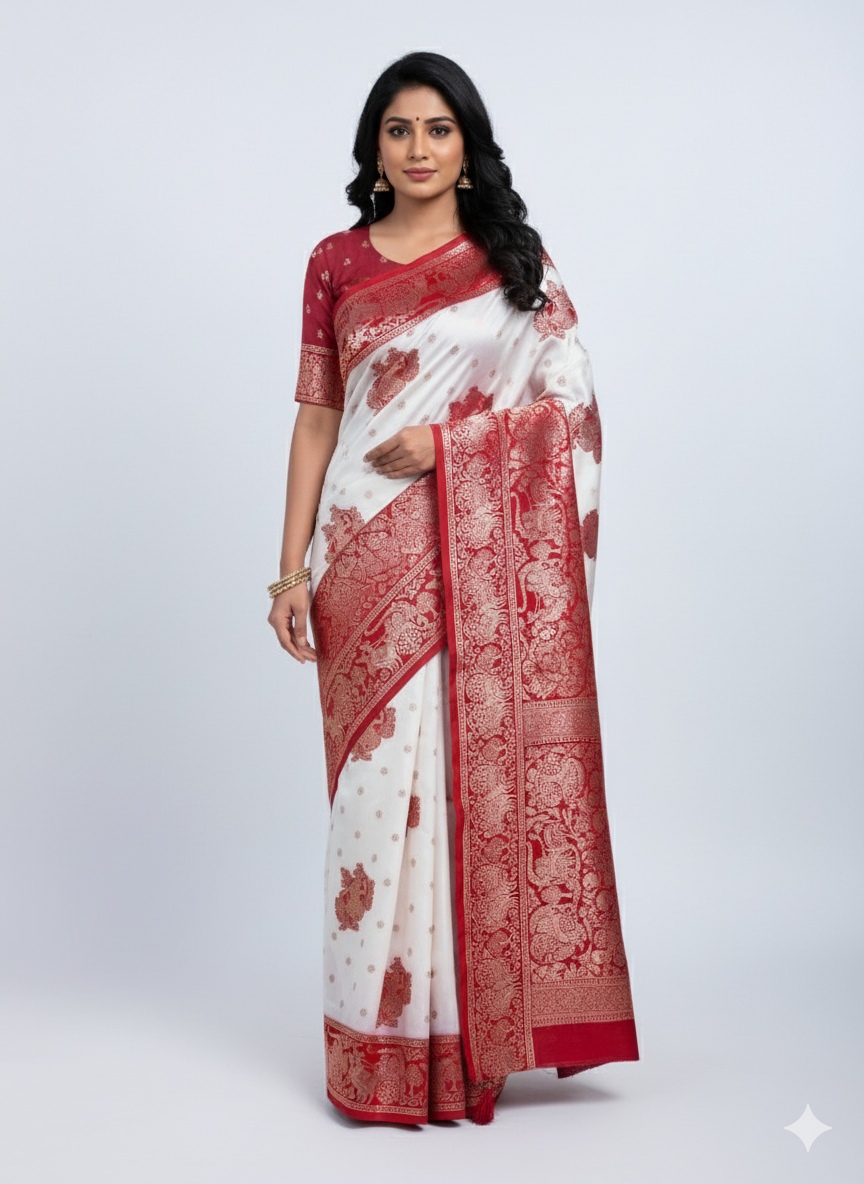 SATISABITRI FASHION Women’s Premium Soft Silk Saree | White & Pooja Red Silk Saree with Rich Designer Pallu & Blouse Piece | Festival & Wedding Wear - Image 5