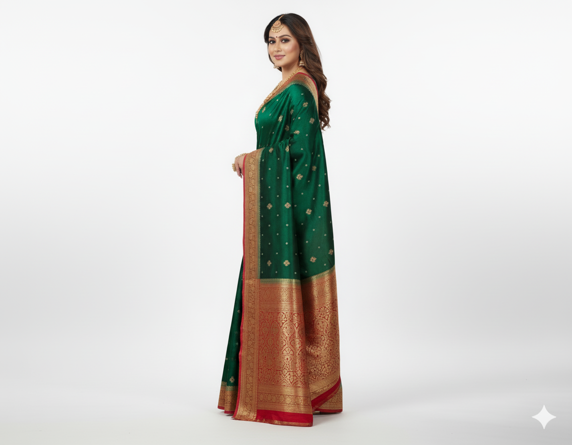 SATISABITRI FASHION Dark Green Banarasi Satin Katan Silk Saree with Intricate Embroidery | Festival & Wedding Wear - Image 3