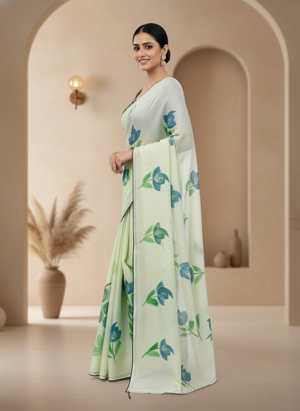 SATISABITRI FASHION Women’s Kiwi Crush Floral Printed Saree with Unstitched Blouse Piece | Lemon Green | Soft Lightweight Fabric | Elegant Daily, Office & Festive Wear - Image 3