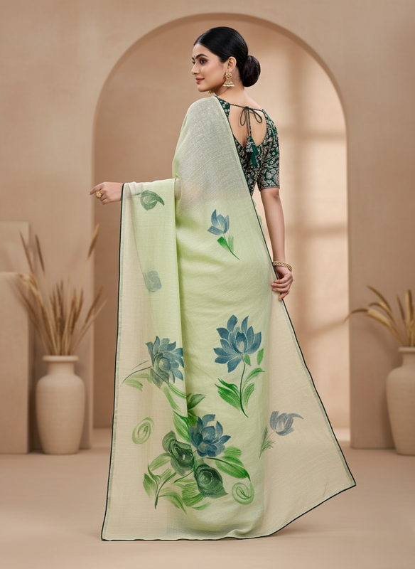 SATISABITRI FASHION Women’s Kiwi Crush Floral Printed Saree with Unstitched Blouse Piece | Lemon Green | Soft Lightweight Fabric | Elegant Daily, Office & Festive Wear - Image 4
