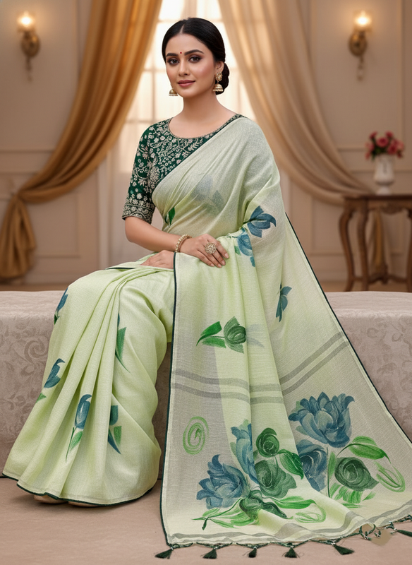 SATISABITRI FASHION Women’s Kiwi Crush Floral Printed Saree with Unstitched Blouse Piece | Lemon Green | Soft Lightweight Fabric | Elegant Daily, Office & Festive Wear - Image 5
