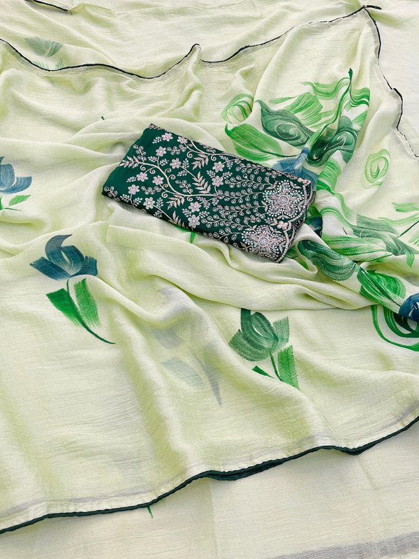 SATISABITRI FASHION Women’s Kiwi Crush Floral Printed Saree with Unstitched Blouse Piece | Lemon Green | Soft Lightweight Fabric | Elegant Daily, Office & Festive Wear - Image 6
